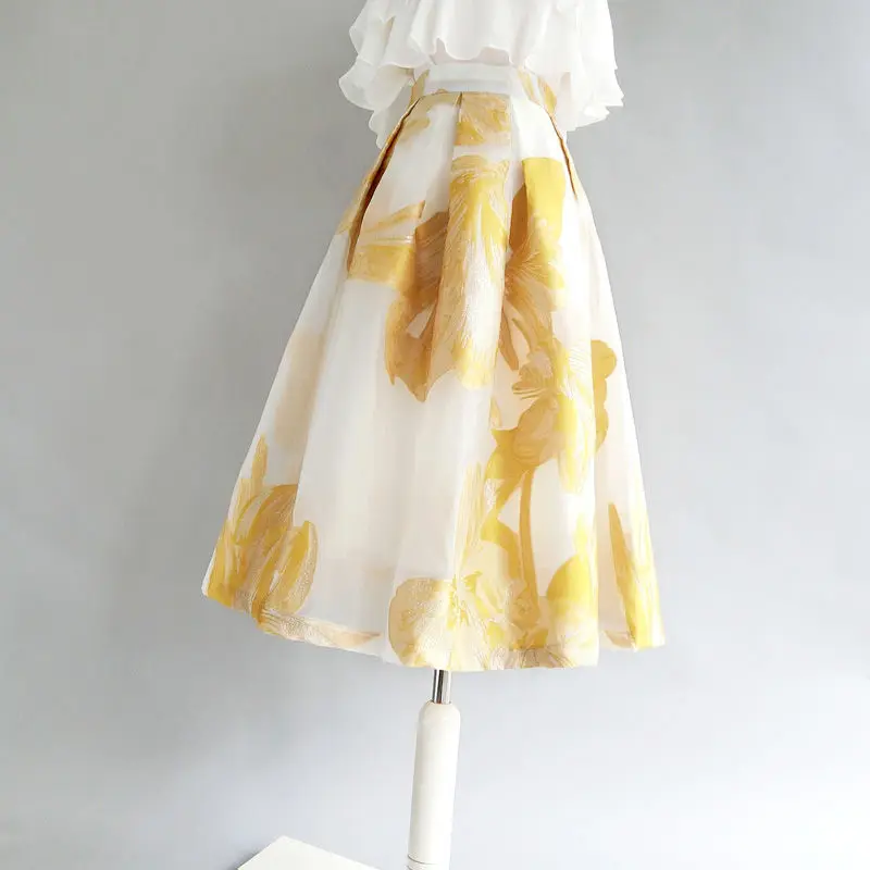 

Women Summer Yellow white Floral Flowers Two Layers Spring Printed Elegant Elastic Waist Big Swing A-Line Long Skirts Faldas