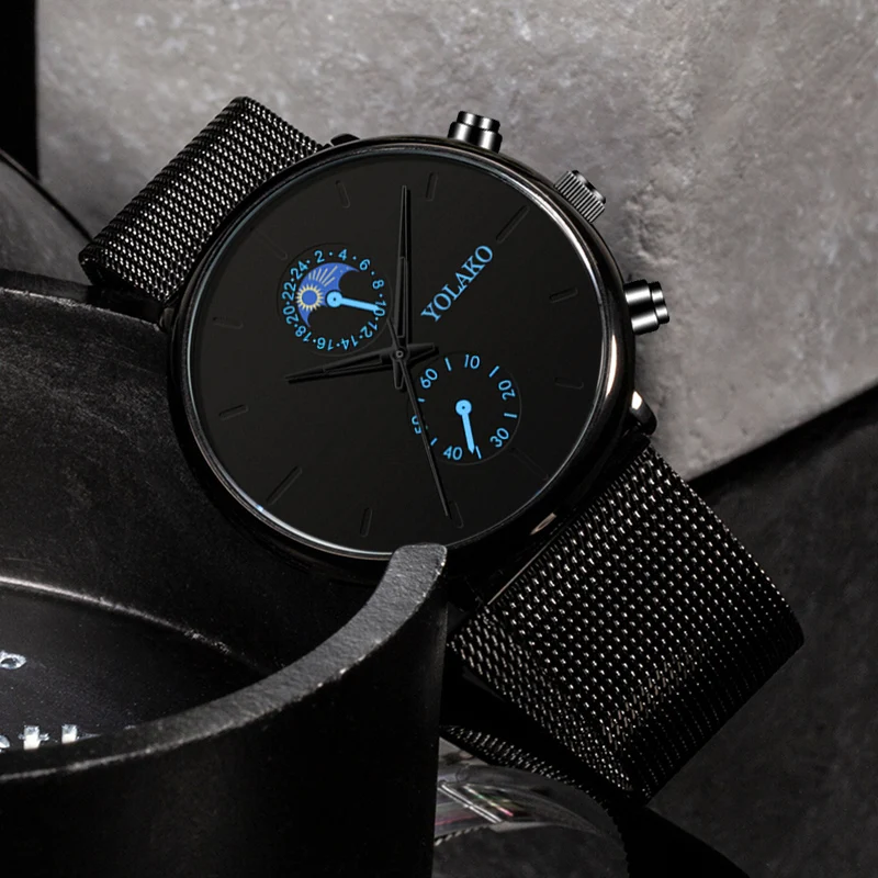 Мужские повседневные часы из черного сплава с сеткой Креативные мужские большим