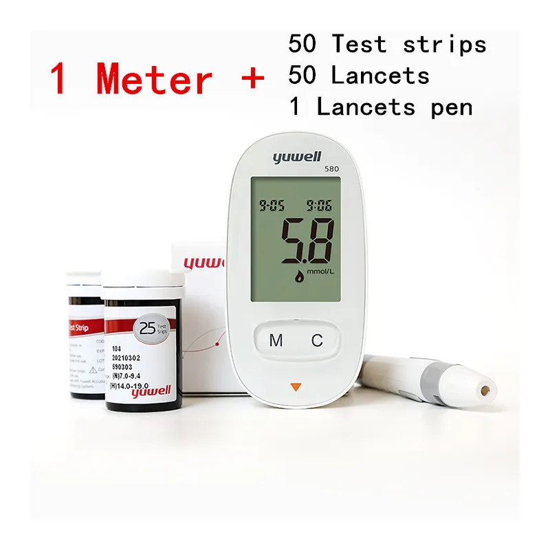 Meter - 50 strips Yuwell 580 измеритель уровня глюкозы в крови диабетический измеритель уровня сахара в крови домашний 580+ 50/580+ 100/100 шт тест-полоски - Цвет: Meter - 50 strips