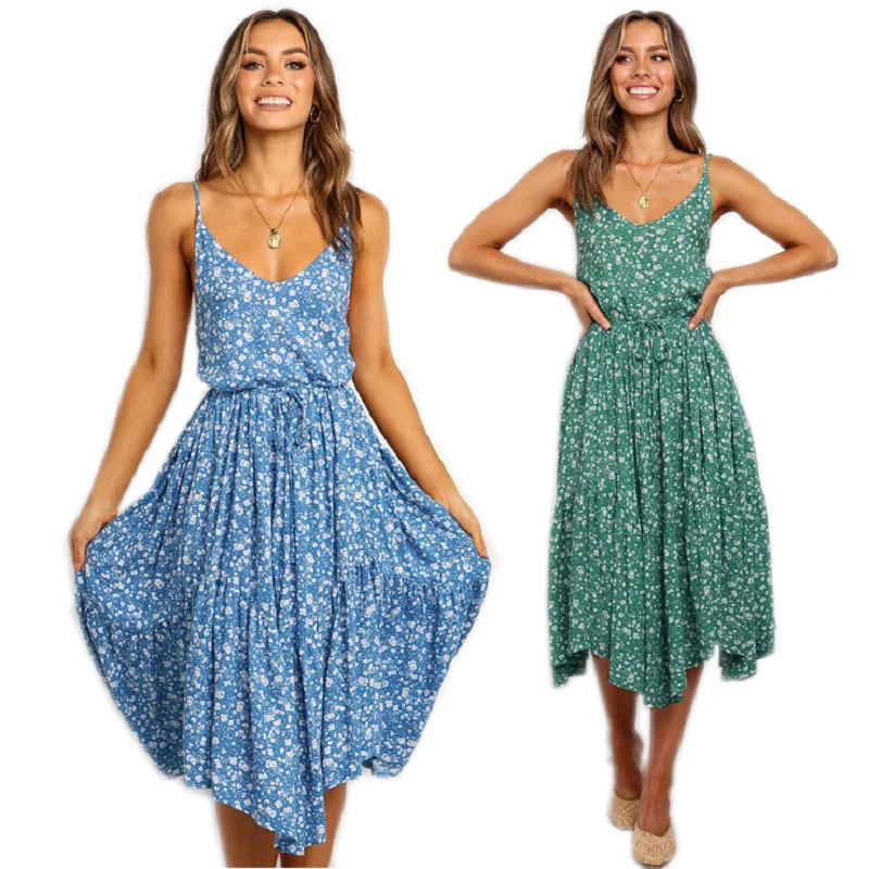 

2020 New Women Sexy Dress Beach Boho Dress Floral Dress Deep V-Neck Sleeveless Backless Summer Ladies Condole belt Dress
