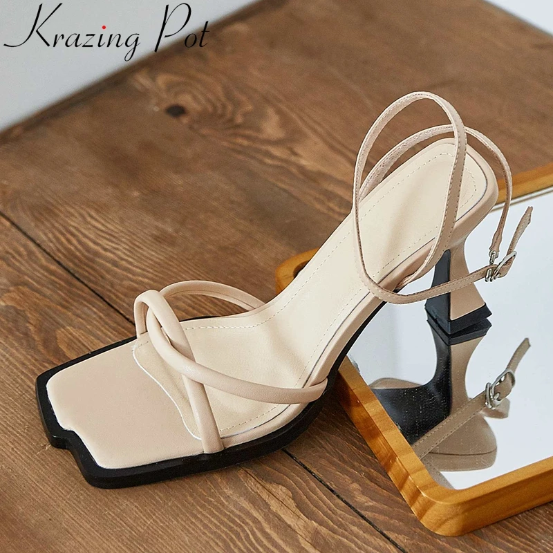 

Krazing pot vintage cow leather peep toe strange high heels buckle strap young lady mature sexy summer basic sandals women L29