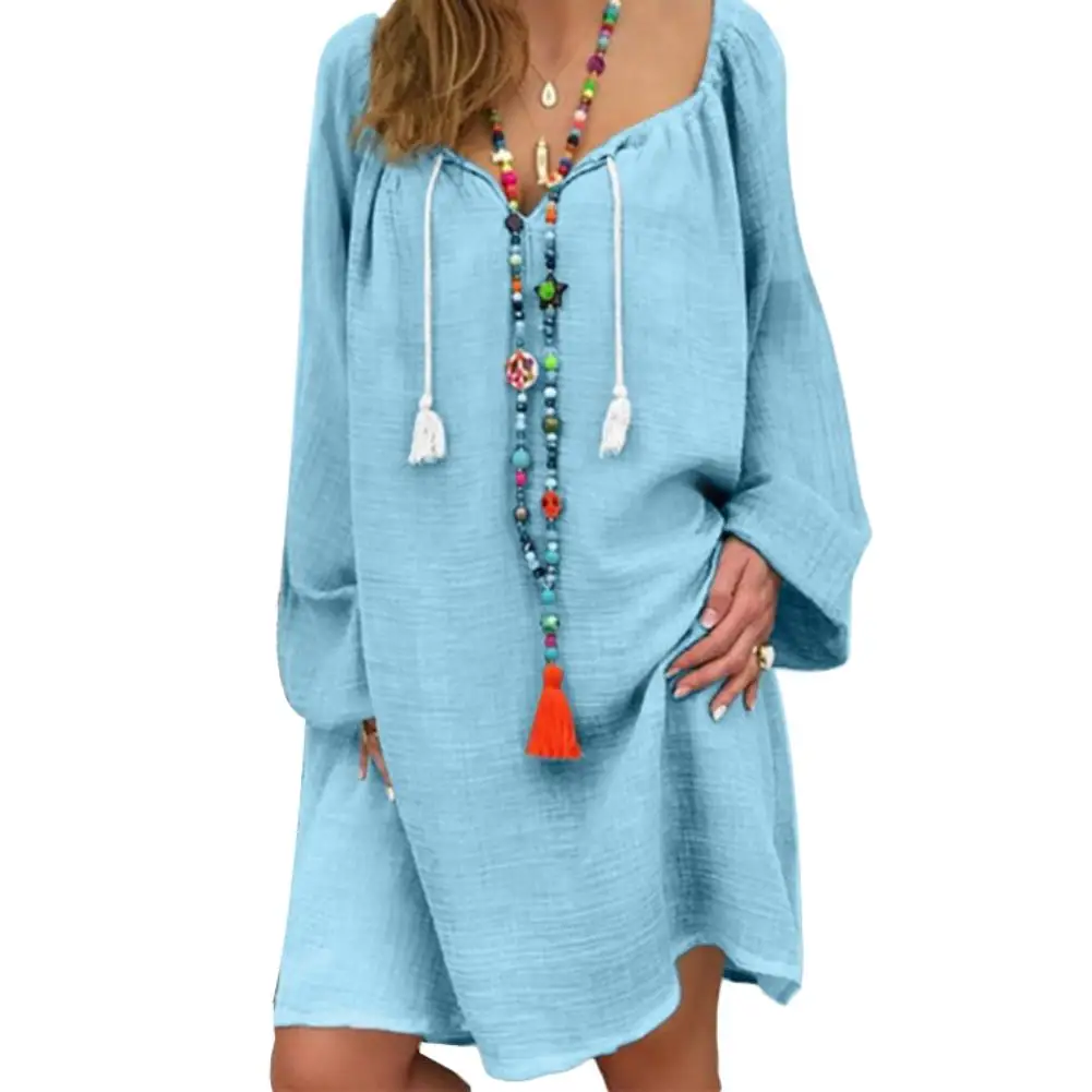 

Платье женское льняное средней длины, Повседневная Свободная одежда с V-образным вырезом и длинным рукавом, с завязкой, однотонное, на лето