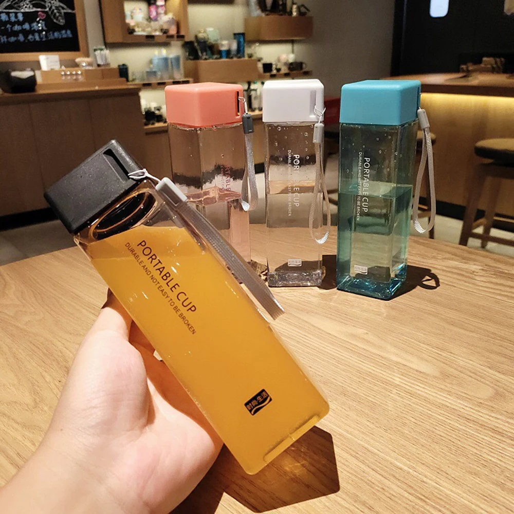 

Transparent Square Plastic Matte Water Cup Outdoor Cold Juice Water Sports Cup with Milk Rope 500ml Water Cup Dropshipping