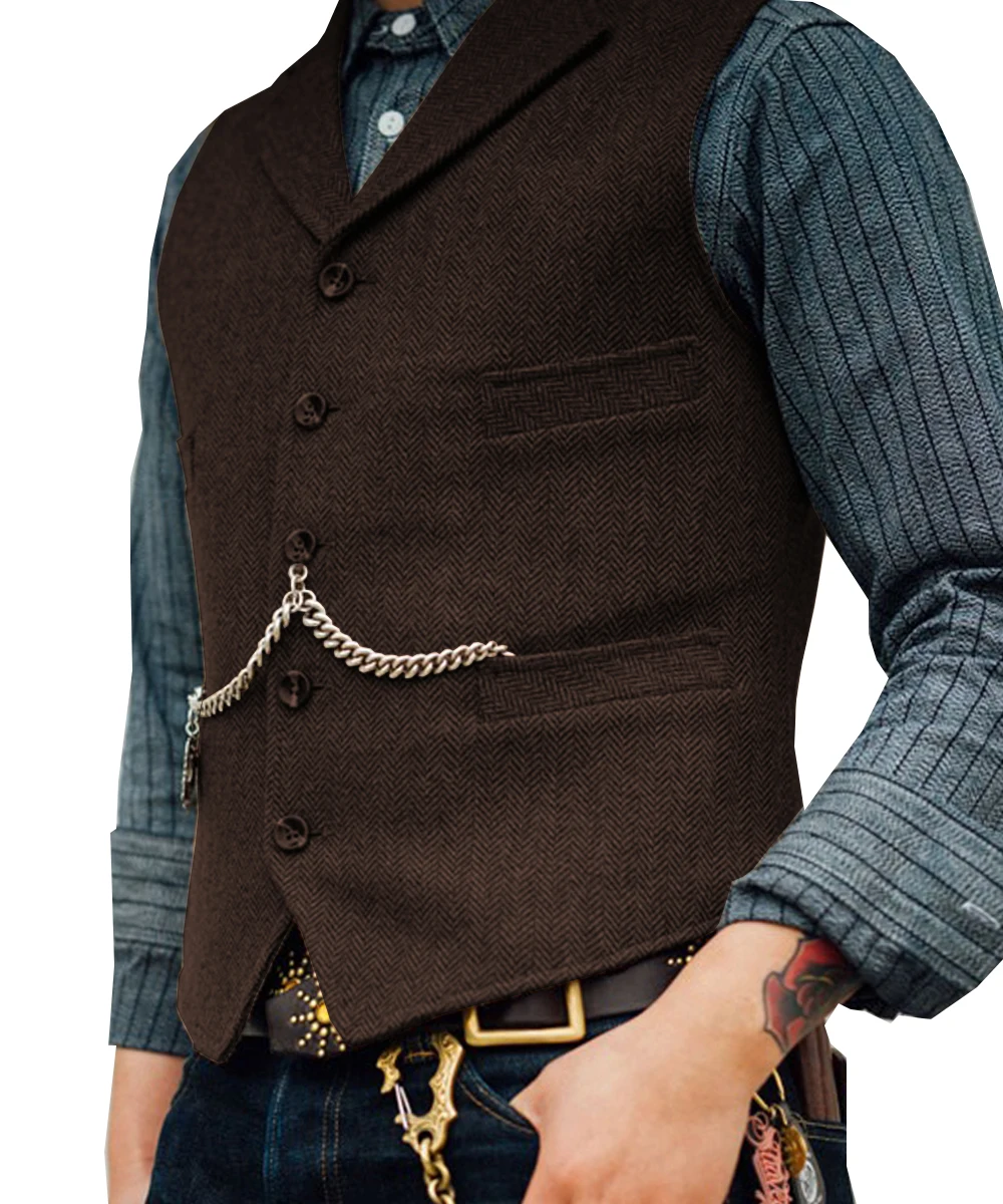 Men Suit Vest Brown Wedding Wool Tweed Business Waistcoat Jacket Casual Slim Fit Herringbone Vests For Groomsmen Man