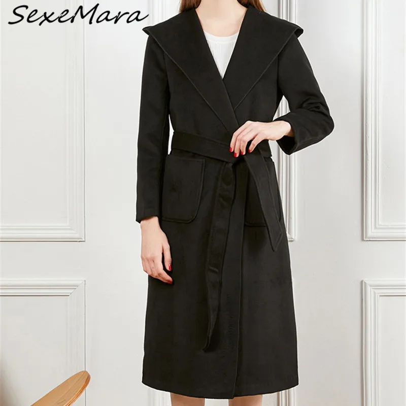 

Winter Fashion 2019 Woolen Cashmere Long Coats Korean Style Elegant Belt Hooded Warm Coats