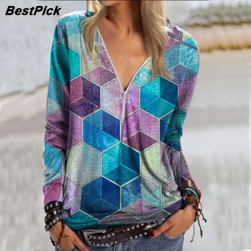 

Patchwork Women T-shirt Long Sleeve Tops Tee Spring Autumn Zipper V Neck T Shirt Women ClothesTees Harajuku Mujer Camisetas
