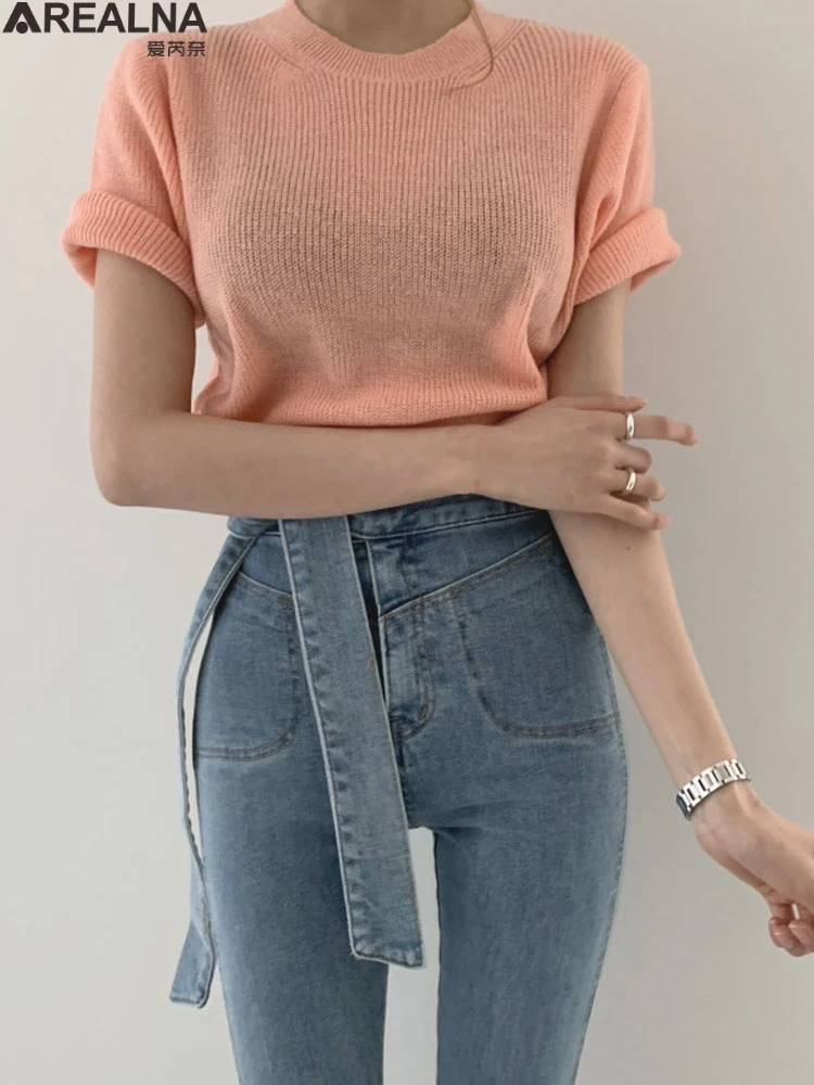 

New 2021 Women Summer T-Shirt Bottoming Basic Solid Fashionable Knitted t-shirts Korean Wild Lady Tops vintage tee shirt femme