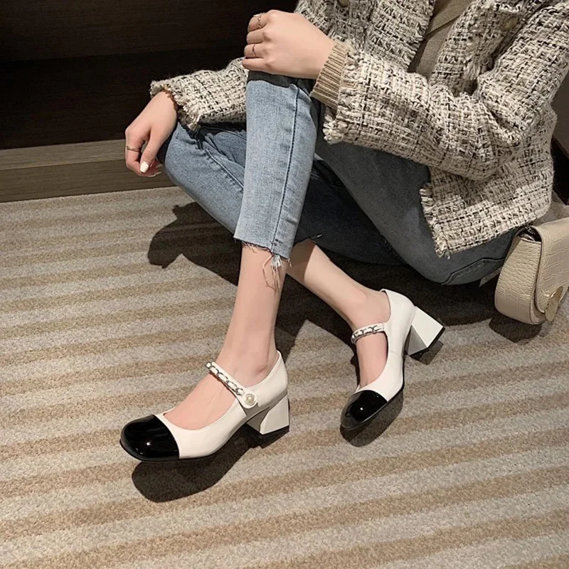 

Janes Mary Women's Single Mixed Colors Casual Buckle Strap Round Toe Square Heel Pearl Chain High Heels Pumps Shoes Woman