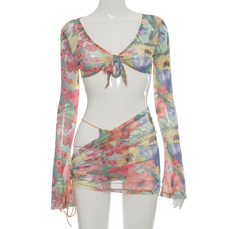 

Muyogrt Floral Printed Mesh Sexy Top And Skirts Sets Summer Vacation Outfits 2021 Party Club Wear 2 Piece Set Beachwear 3pcs