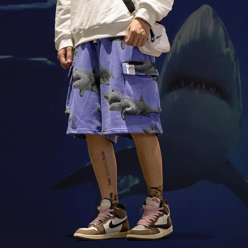 

HFNF Shark Pattern Men's Joggers Shorts Summer Loose Fashion Streetwear Hip hop skateboard Big Pocket Men Casual Sport Shorts