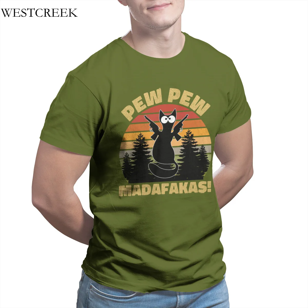

Men's T-shirt Pew Madafakas Cat Guns Crazy Pew Cat Essentials Fashion Vintage Kawaii Round Collar Plus Size Clothing 34756