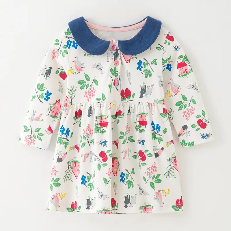 Платье для девочек Осеннее хлопковое платье с длинным рукавом и воротником