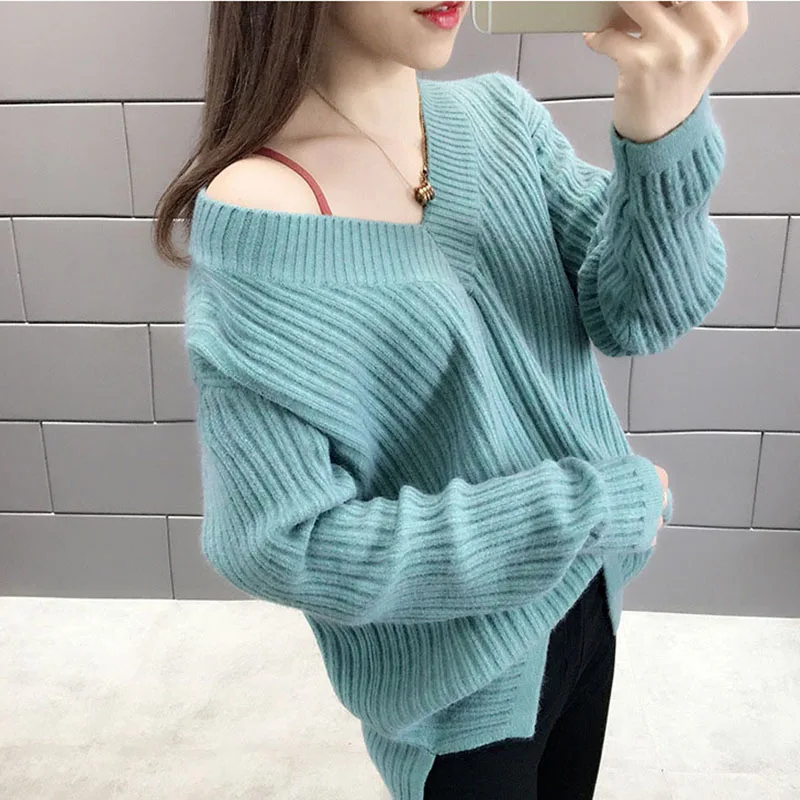 

Women Autumn Sweater Casual Fashion Warm Long Sleeve Chic Elegant Soft Pullovers V neck Winter Female Tops Sweaters