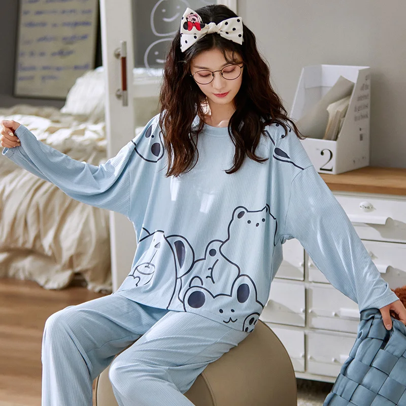 

Women's Cotton Cute Cartoon Graffiti Cat Pajamas for Women Plus Size Homewear Elegant Girl Light Blue Long Sleeve Winter Pajamas