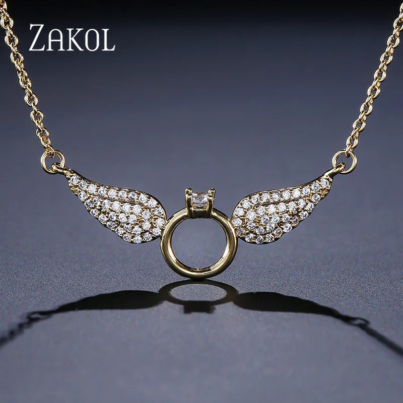 ZAKOL New Fashion Zirconia Angel Wings Pendant &amp Necklaces with White Gold Color Jewelry For Young Girl Women Gift FSNP2035 | Украшения