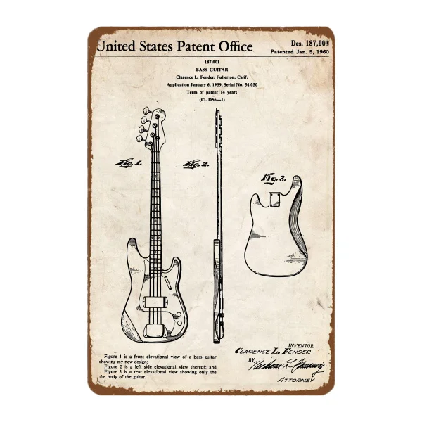 

Precision Bass Guitar 1960 Print Wall Art Blueprint Poster Music Room Decor Vintage Tin Metal Sign Bar Club Cafe Garage