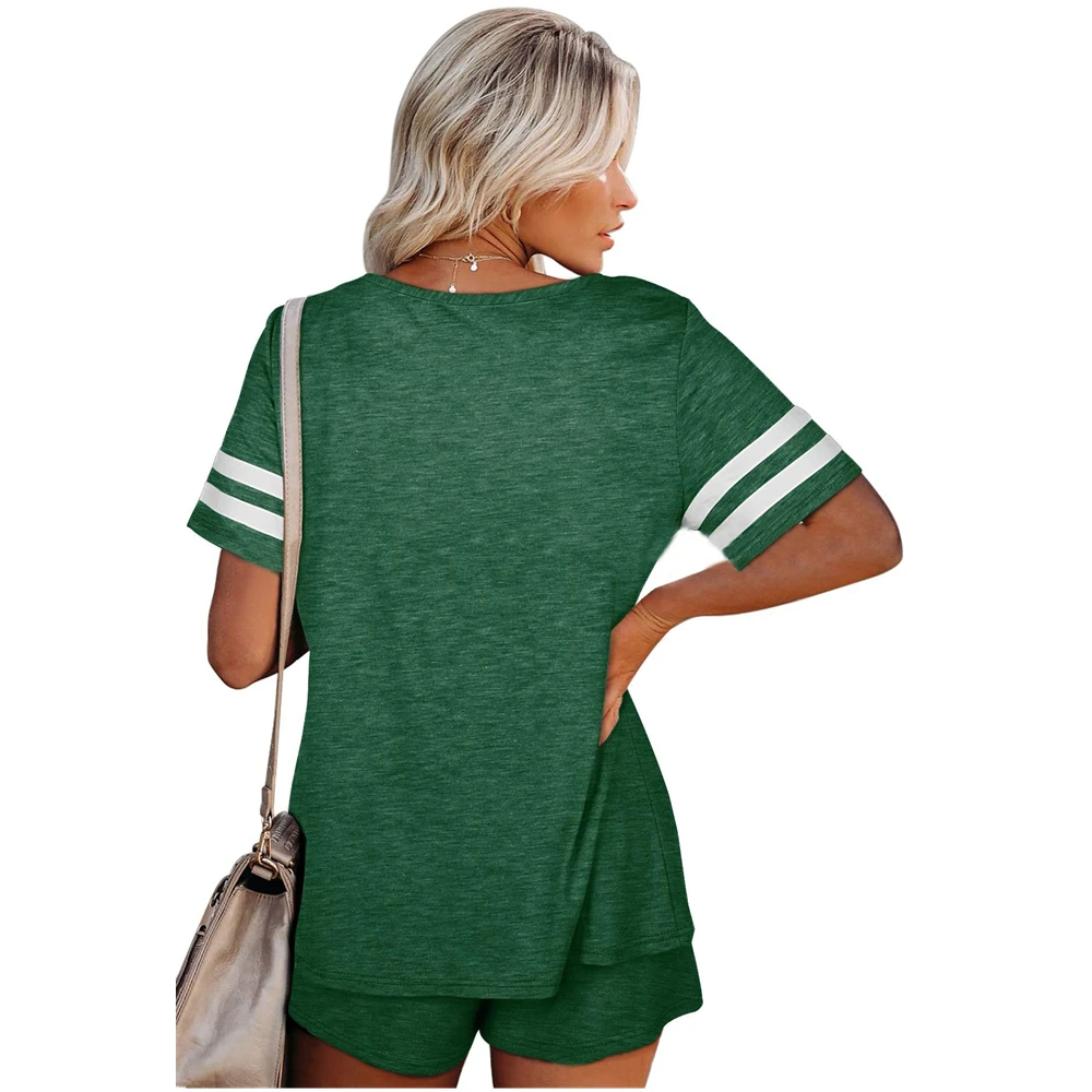 

2021 Fashion New Summer Women Two-Piece Set Casual O-Neck Short Sleeve Stripe Ladies Cotton And Linen T-shirt And Shorts Pyjama
