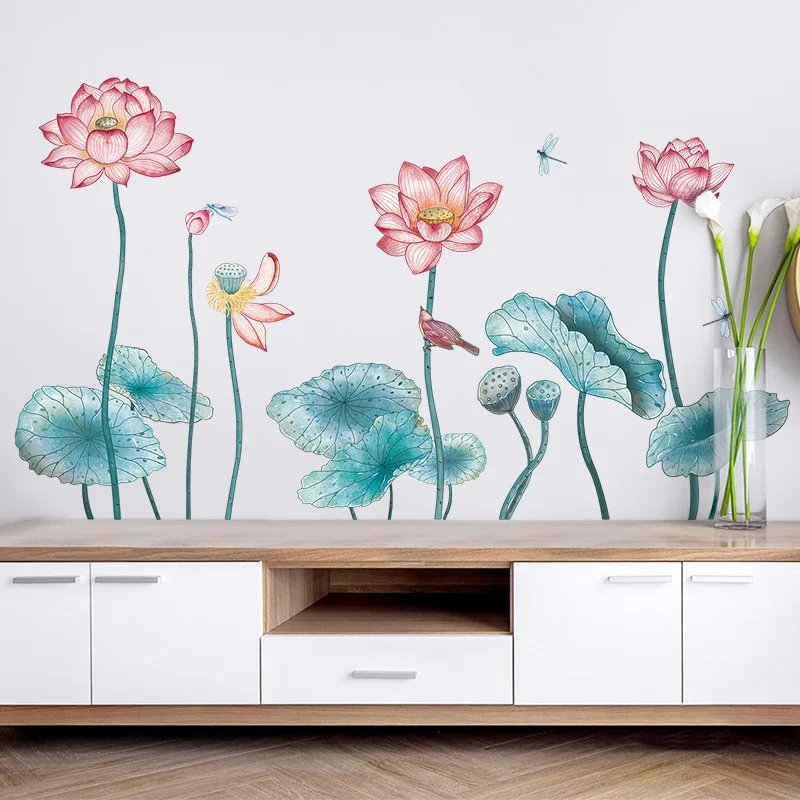 Стикер настенный в китайском стиле 60 х90 см с цветами лотоса | Дом и сад