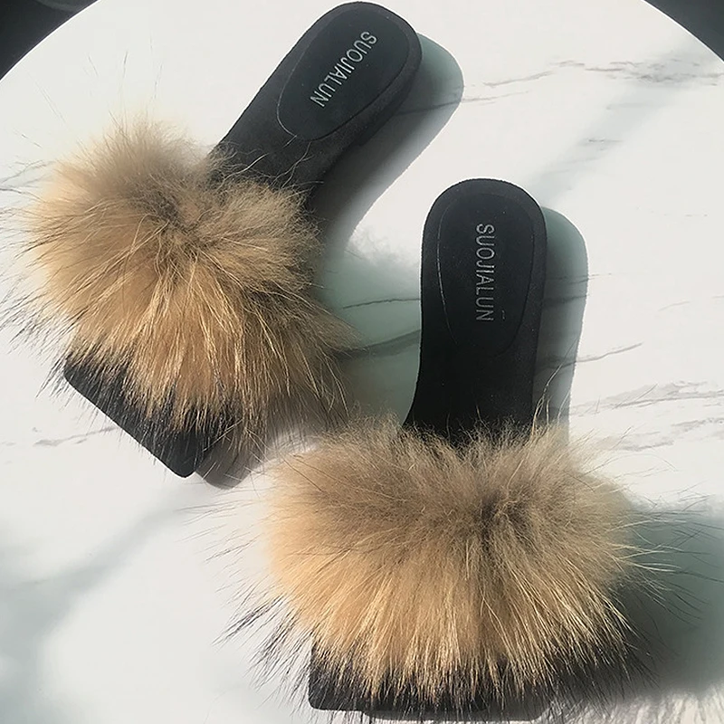 Модная обувь на натуральном норковом меху Женские шлепанцы Пушистые тапочки