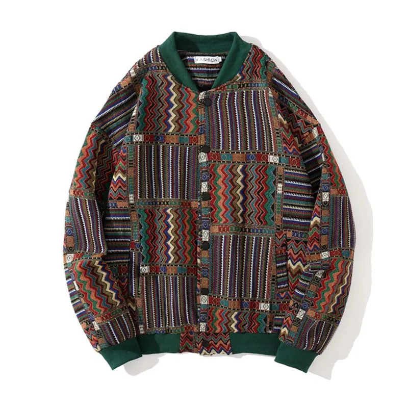

Fashion Hip Hop Retro Ethnic Style Baseball Jackets Loose Casual Streetwear Outwear Coats For Couples Pathchwork