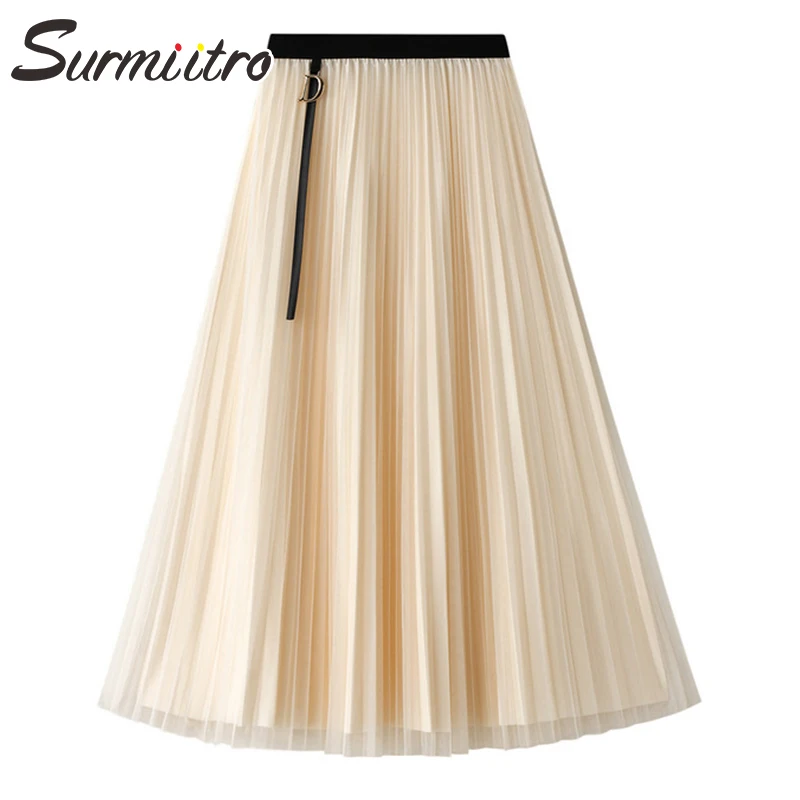 

SURMIITRO 2021 Spring Summer Reversible Long Pleated Tulle Skirt Women Korean Style Mesh High Waist Aesthetic Midi Skirt Female