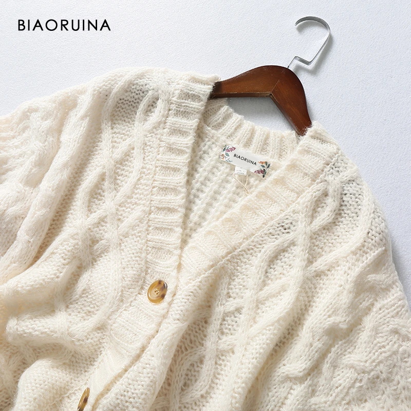 BIAORUINA Women's Beige Loose Single Breasted Winding Knit Cardigans Female Keep Warm Vintage V-neck Oversized Sweater |
