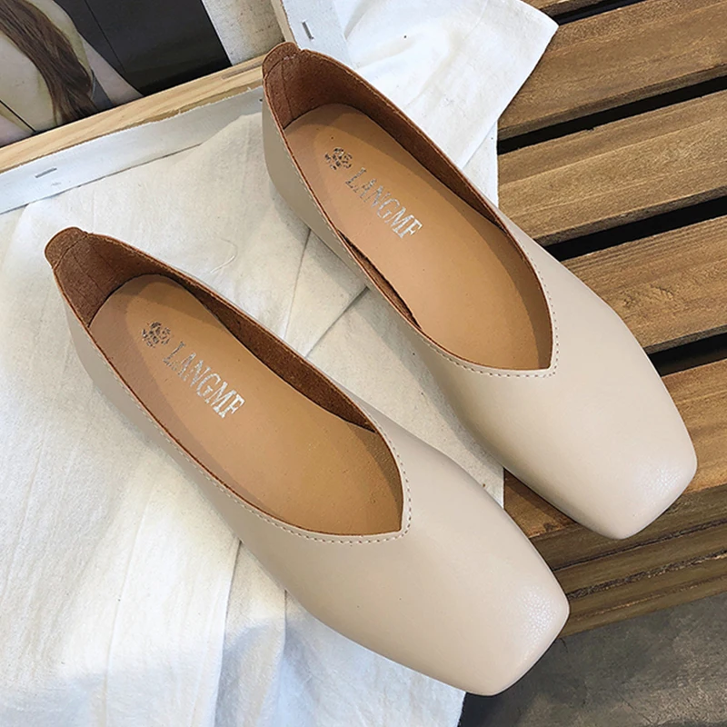 

Fashion Women Flat Shoe Elegant Shallow Low-heeled Sandals 2021 Beige Korean Slippers Square Toe Slip-on Simple Woman Shoes