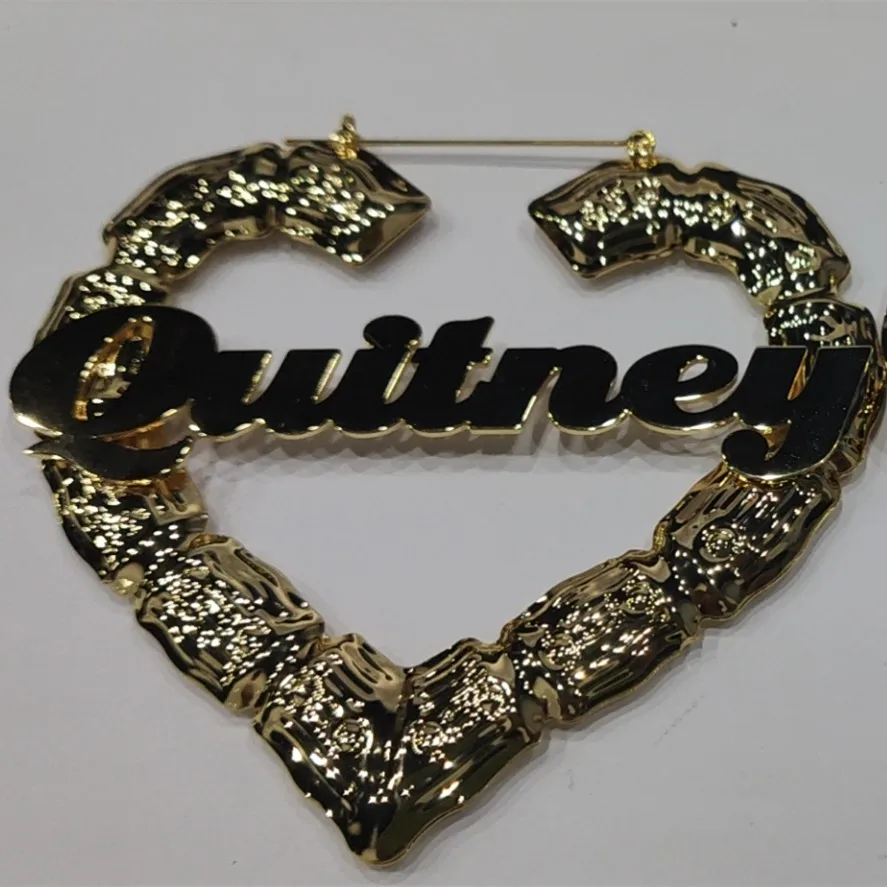

Lateefah Fashion 30 50 70 90mm Custom Earrings Heart-shape Hip hop bamboo Hoop Earrings Customize Name Earrings for Women Girls