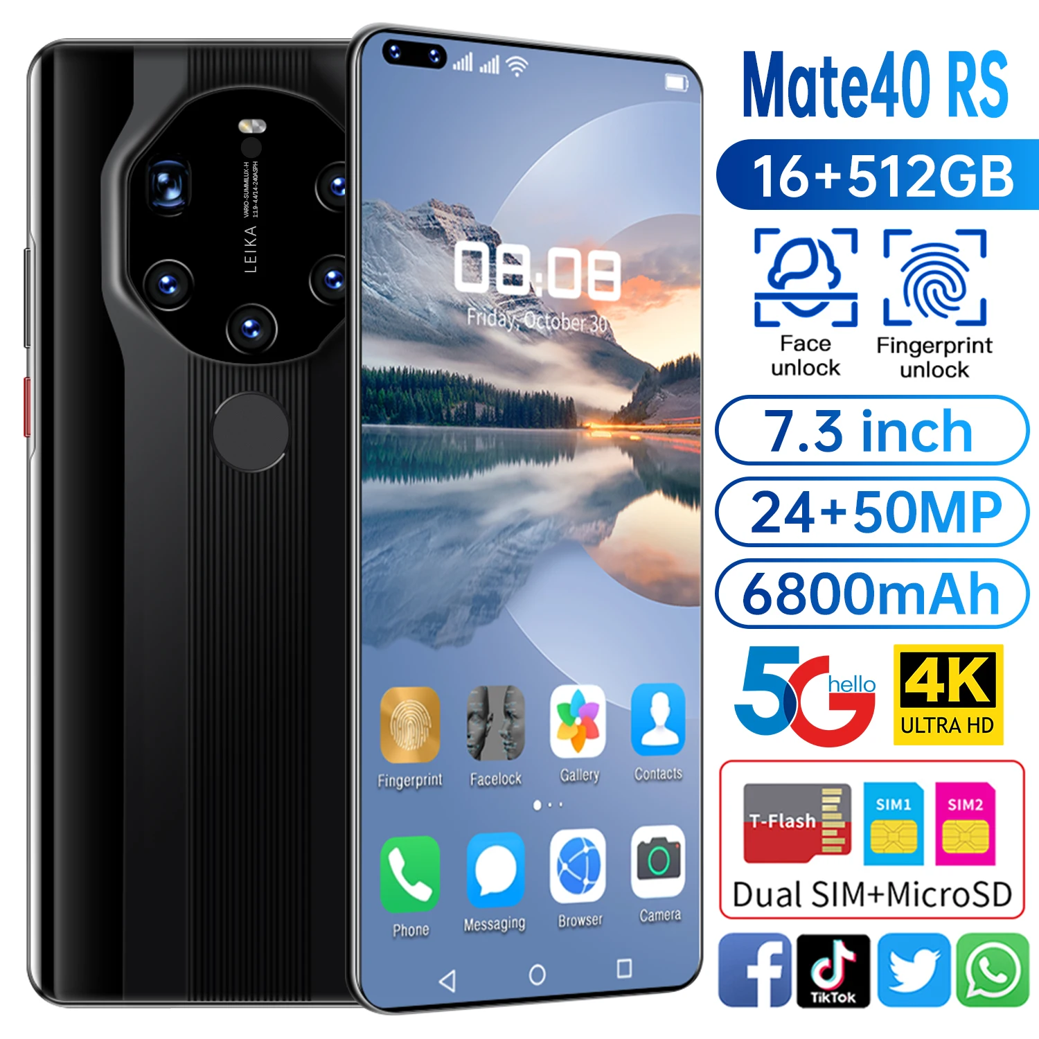 

2021Global Version Mate40 RS Smartphones 16G+512G Android10 Face Unlocked 6800mAh 50MP Dual SIM 4G 5G Mobile Phone