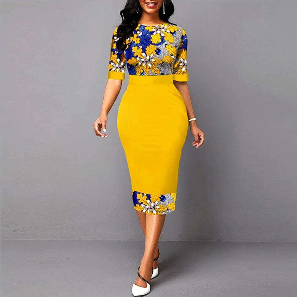

Floral Print Patchwork Yellow Dress Elegant Office Lady Dress For Women 2021 O Neck Slim Business Formal Pencil Bodycon Dress