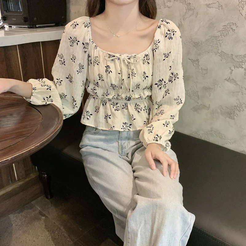 

Spring Autumn New Women's Clothing Korean Floral Lantern Sleeve Blouses Chic Square Collar Shirts Fashion Brand Crop Top Female