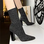 Большие размеры 34-43 сексуальный носок сапоги эластичные вязаные квадратном каблуке; Дамская обувь на высоком каблуке женские ботинки с острым носком 2021 модное осеннее платье женские лодки серебро