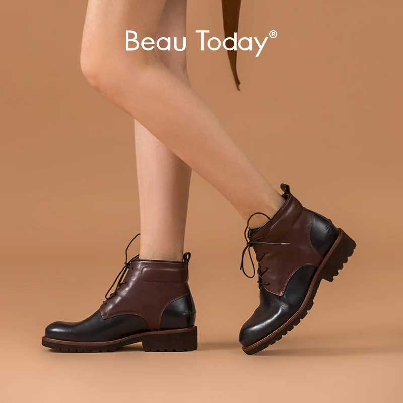 BeauToday/женские ботильоны из натуральной коровьей кожи с круглым носком на