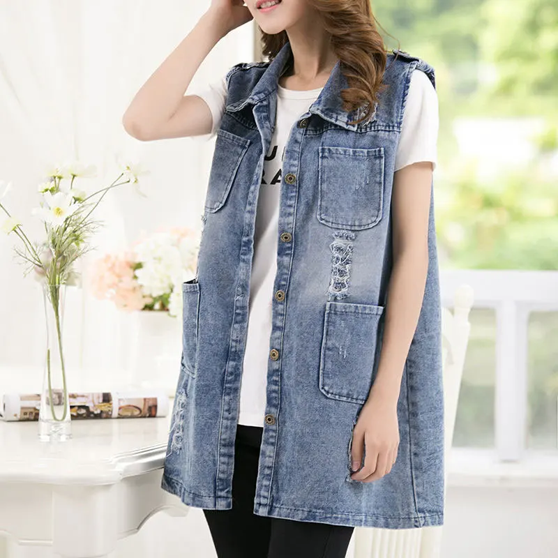 

2021 Fashion Women Jean Vest Elegant Sleeveless Button Slim Long Denim Jacket Casual Frayed Office Lady Outerwear Oversize 5XL