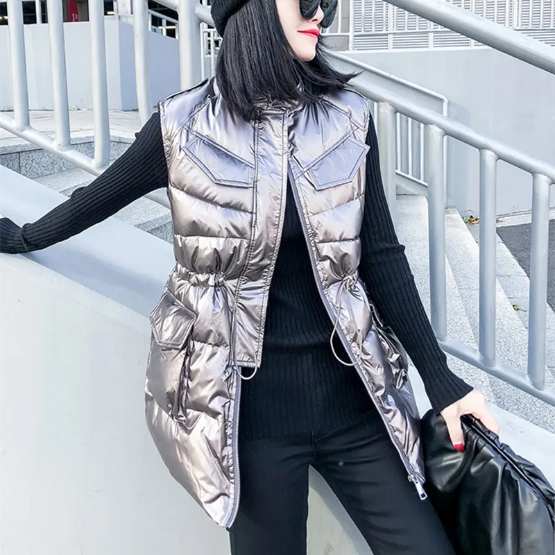 

Зимняя женская длинная жилетка 2021, блестящая однотонная куртка без рукавов с капюшоном, Женская Толстая Повседневная Верхняя одежда с воро...