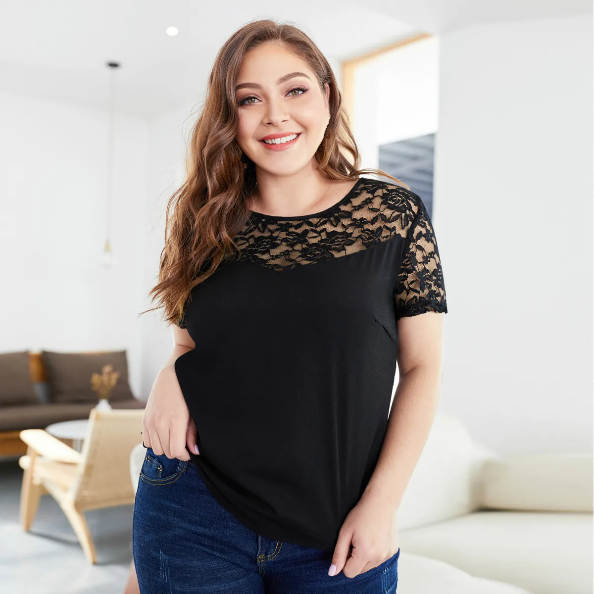 Летняя женская кружевная блузка с цветочным узором модная черная рубашка