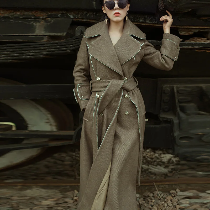 

Office Lady Turn Down Collar Belted Long Overcoats Women Elegant Double Breasted Solid Long Sleeve Chic Outerwear Overcoat 2021
