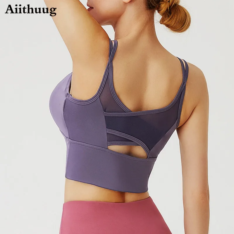 Aiithuug Strappy Sports Bra for Women Sexy Crisscross Back Medium Support Yoga Bras Running Workout with Removable Cups Mesh