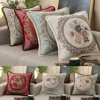 european style jacquard throw pillow case vintage embroidery floral pom pom trim decorative square cushion case for car