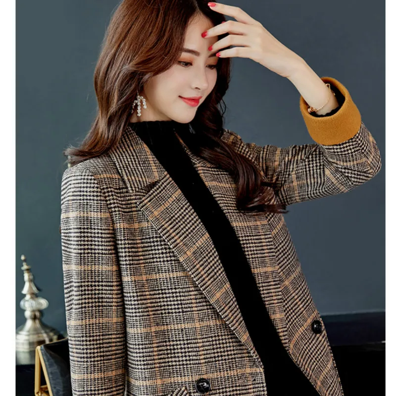 

Autumn and Winter Plaid Woolen Coat Women Korean Style Slim Mid-length Woolen Coat Trend
