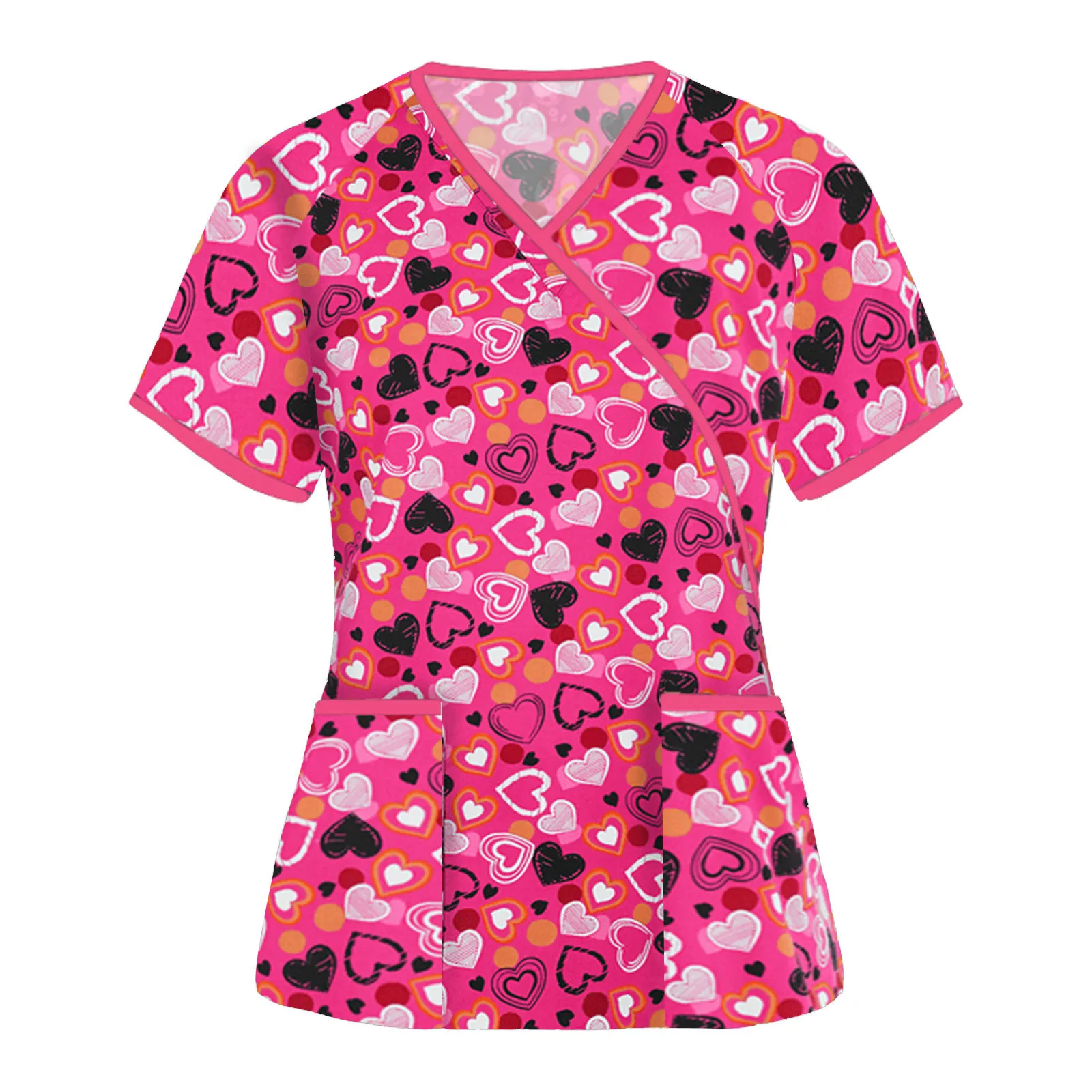 

Nurse Uniform Women Print Short Sleeve T-Shirt Fashion Casual Ladies Pocket V-Neck Tops Clinic Outfits Care Worker Clothing