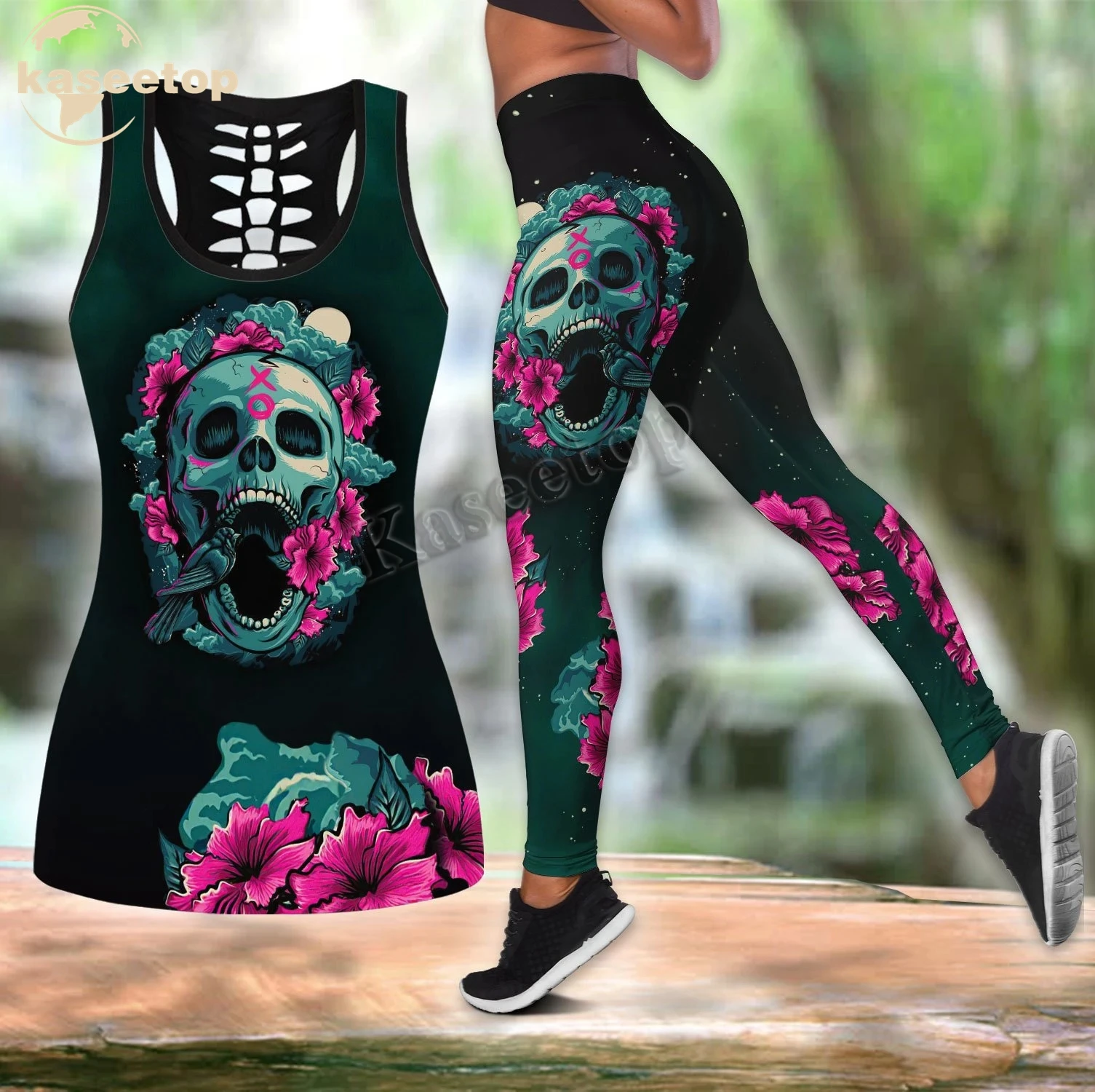 

Kaseetop Skull Bird Flowers Two Piece Yoga Set Women 3D Print Vest Hollow Out Hollow Tank & Legging Outfit Summer Casual LK65