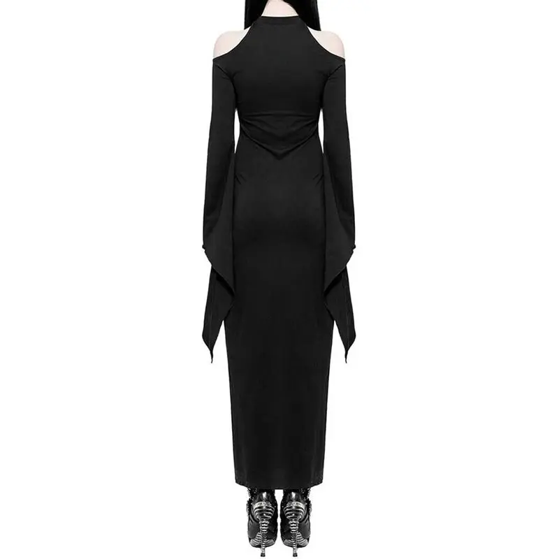 Готическое темно-черное открытое длинное платье для женщин Осенний звонок рукав