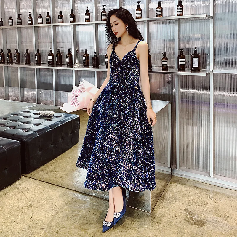 AE552 Prom Dresses Long New V-Neck Sleeveless A-line Sequined Wedding Guest Gowns Vestido De Gala