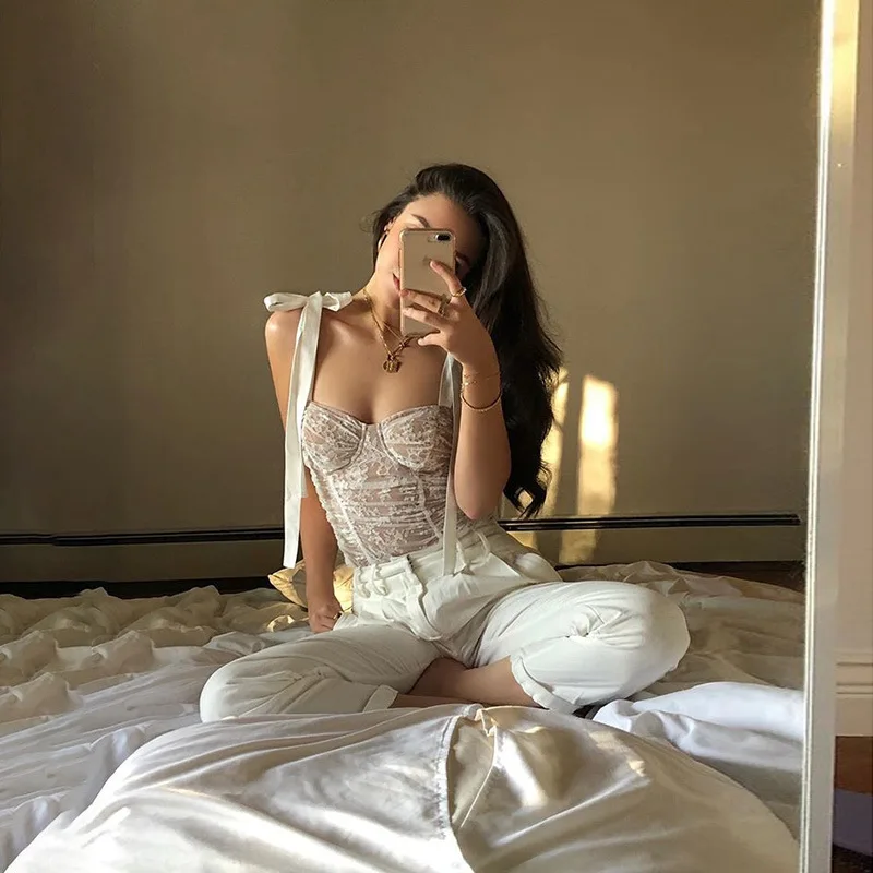 

autumn sexy white lace up bow tops women tassel camisole 2020 fashion club party Elegant Slim tees mujer wild pure Basic tees