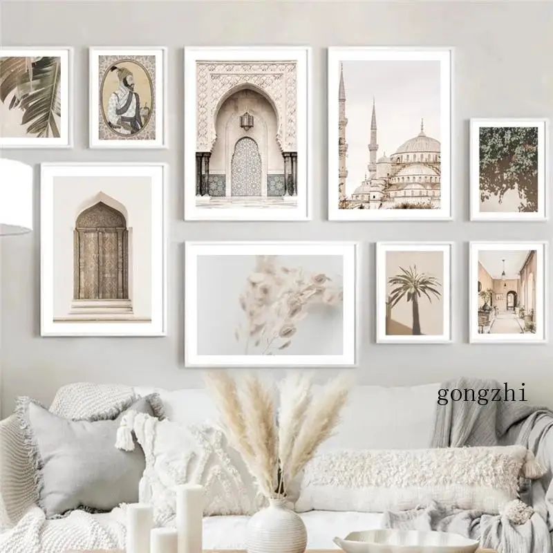 

Beige Vintage Building Photography Posters Mosque Palm Tree Canvas Painting and Prints Wall Art Pictures Living Room Home Decor