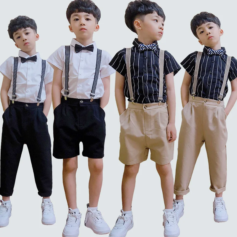 

Boys Summer Shirt +Pants +Suspender+Bowtie 4PCS Clothing Set Gentleman Kids School Performance Dress Children Graduation Suit