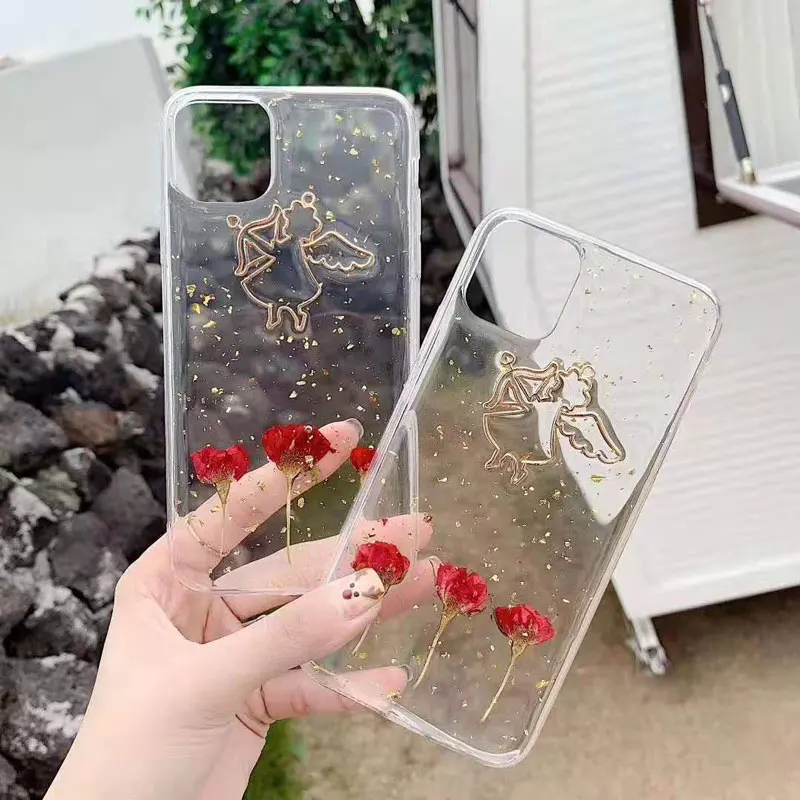 

Pure Love Flower Rose Angel Phone Case On For iPhone xr x 7 8 s Silicone Gold Foil Soft Case On For iPhone 11 Pro Max