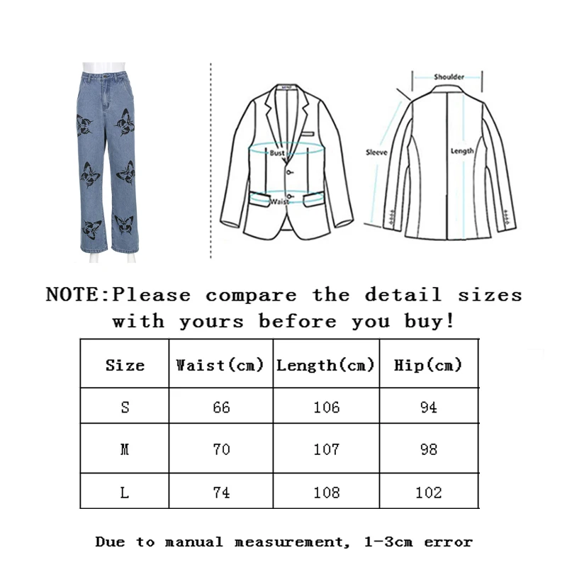 

SLLSKY Butterfly Print Women's Jeans Baggy Wide Leg Trouserse Streetwear Gothic Skinny Female Dance Joggers Outfits Festival