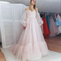 long puffy sleeves prom dress 2021 strapless appliques formal evening gowns sweep train tulle pleat design custom color lace up